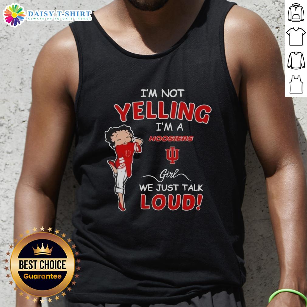 Official Indiana Hoosiers girl tank top with 'I'm Not Yelling, I'm Just Talking Lou' design in vibrant colors.
