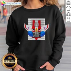 Official Starscream Cybertron Police Dept mugshot sweatshirt featuring a bold graphic design and vibrant colors.