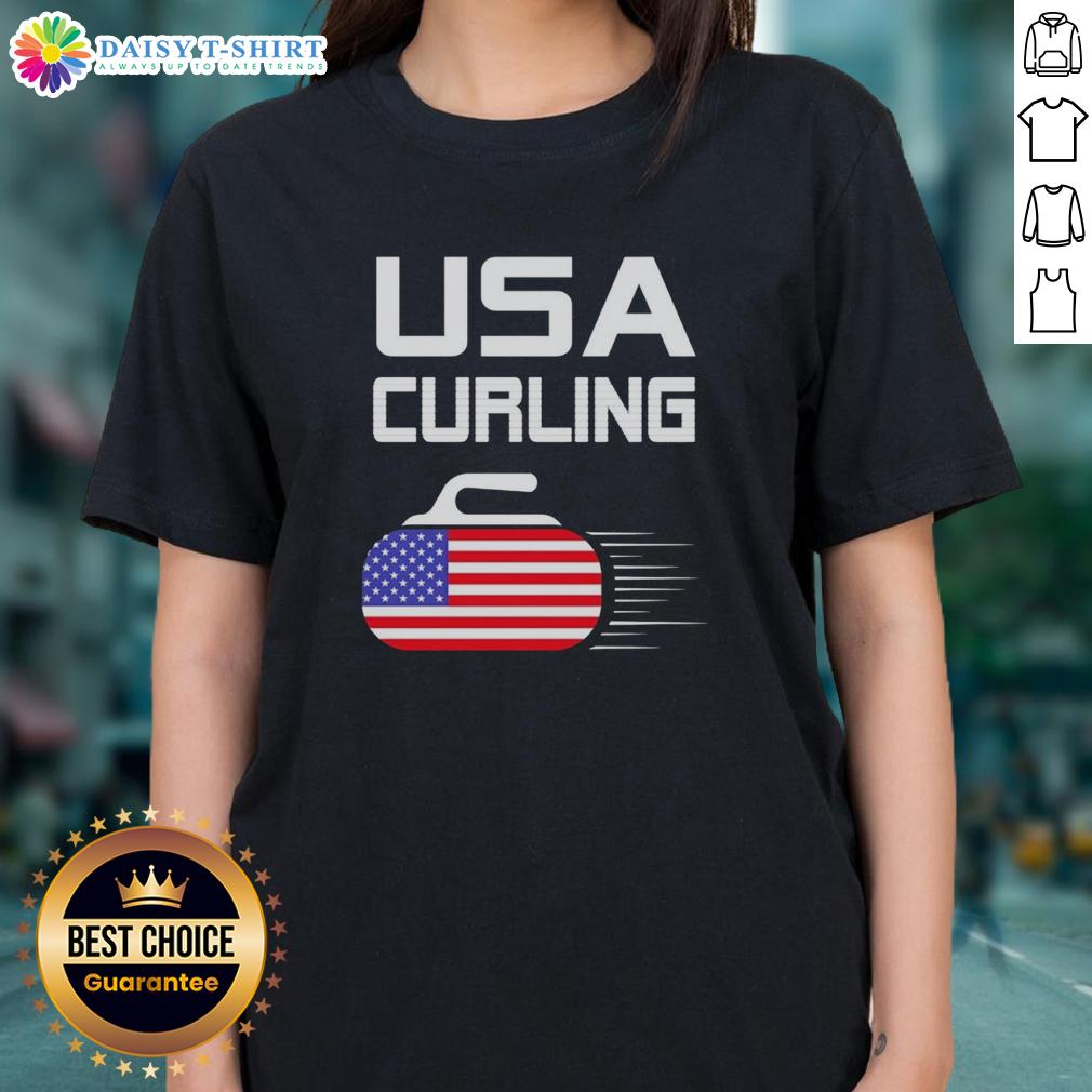 Original Curling USA Support Team Ladies Tee featuring American flag design, perfect for curling fans and patriotic supporters.