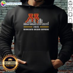 Premium 2026 Minnesota Golden Gophers hoodie featuring city skyline design and all team names for fans and supporters.