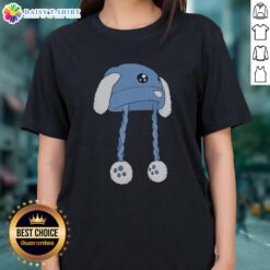 Pretty blue bunny hat ladies tee featuring a cute bunny design, perfect for spring and casual wear.