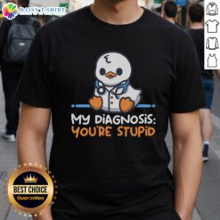 Pretty doctor wearing 'You're Stupid' T-shirt, playfully diagnosing with a smile in a bright, cheerful clinic setting.