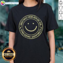 Pretty Greetings From Kepler22b Ladies Tee featuring a vibrant design celebrating the fictional exoplanet Kepler 22b.
