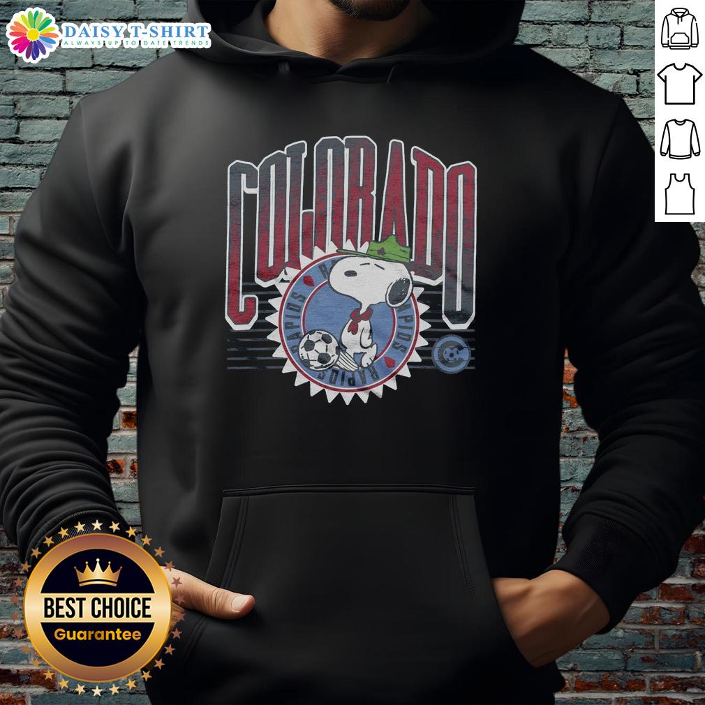 Alt Text: Pretty Peanuts Snoopy X Colorado Rapids hoodie featuring a vibrant design with Snoopy and team colors.