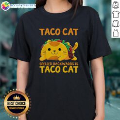 Cinco de Mayo ladies tee featuring a cute taco cat design, highlighting the playful 'Taco Cat' spelled backwards.