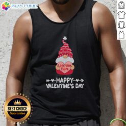 Cute Valentine's Day tank top featuring a gnome with 'Love You More' text for festive holiday style.