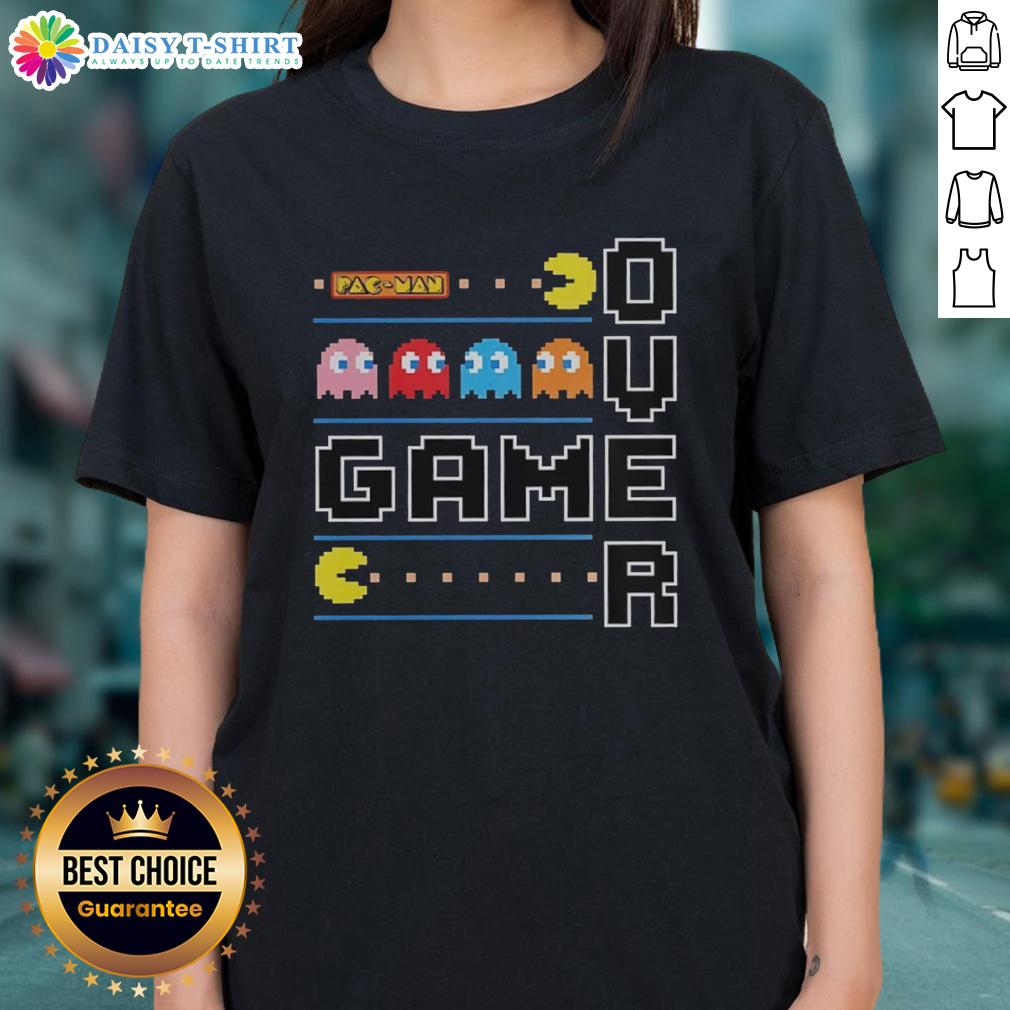 Top view of a Pac-Man graphic on a stylish ladies tee, perfect for gamers and retro gaming enthusiasts.