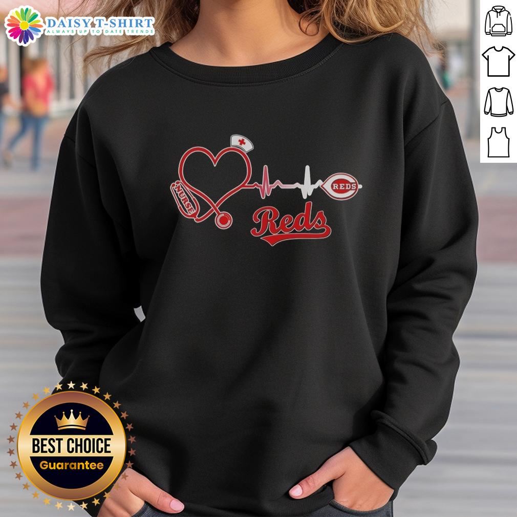 Alt Text: Awesome Cincinnati Reds nurse lover heartbeat baseball sweatshirt featuring a stylish design for fans and healthcare workers.