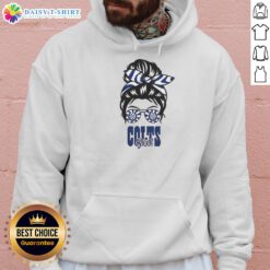 Awesome Indianapolis Colts girl in a messy bun wearing glasses and a hoodie, showcasing team spirit and style.