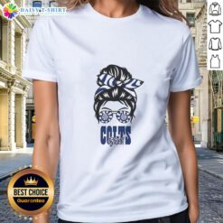 Awesome Indianapolis Colts girl in messy bun and glasses wearing a stylish ladies tee, showcasing team spirit.