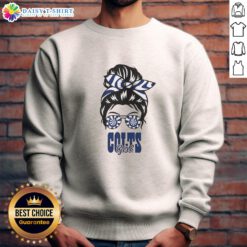 Awesome Indianapolis Colts girl in messy bun and glasses wearing cozy sweatshirt, showcasing team spirit and style.