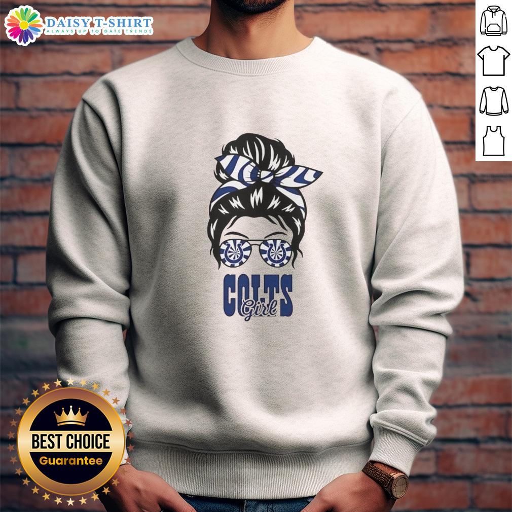 Awesome Indianapolis Colts girl in messy bun and glasses wearing cozy sweatshirt, showcasing team spirit and style.