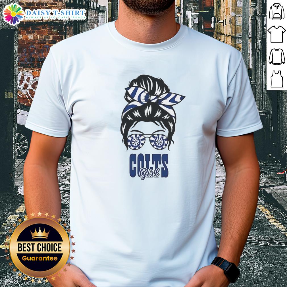 Awesome Indianapolis Colts girl wearing a messy bun and glasses, showcasing a stylish Colts t-shirt for fans.