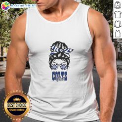Cheerful Indianapolis Colts girl in a messy bun, wearing glasses and a tank top, showcasing team spirit and style.
