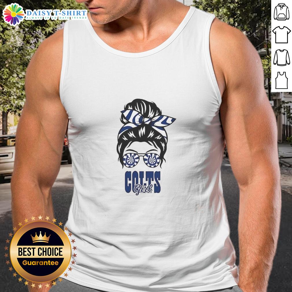 Cheerful Indianapolis Colts girl in a messy bun, wearing glasses and a tank top, showcasing team spirit and style.
