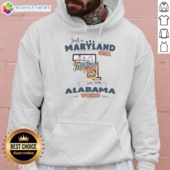 Maryland girl in Alabama world hoodie featuring state map outline, perfect for proud Marylanders living in Alabama.