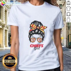 Awesome Kansas City Chiefs girl in messy bun and glasses wearing a stylish ladies tee, showcasing team spirit.