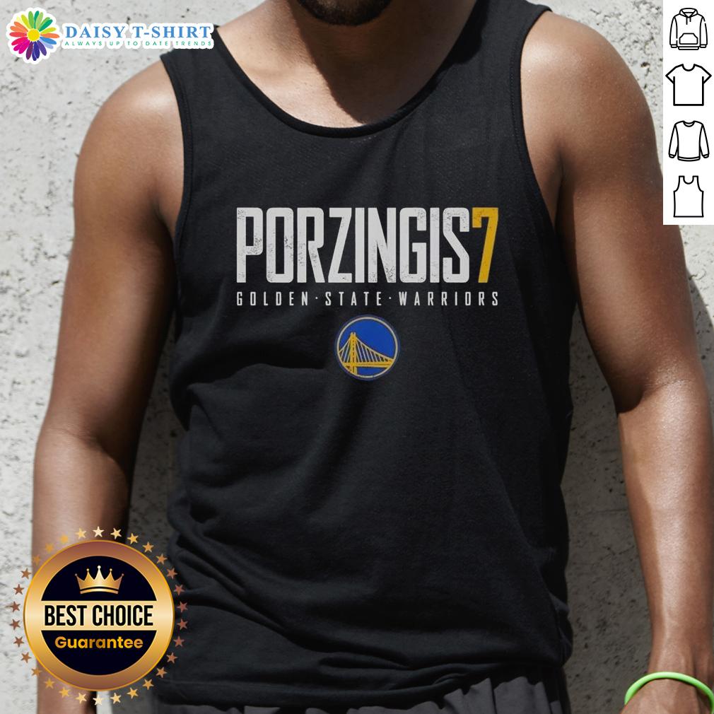 Kristaps Porzingis wearing a Golden State Warriors Elite Tank Top, showcasing basketball style and team spirit.