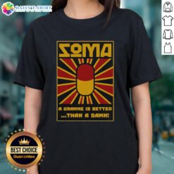 Vintage ladies tee featuring 'A gramme is better than a damn' from Brave New World - Awesome Soma design.