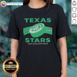 Awesome Texas Stars 2025-26 Blood Drive Ladies Tee featuring vibrant design and supportive theme for community health.