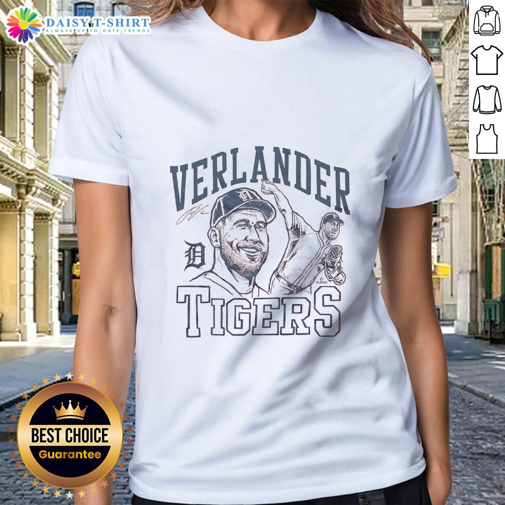 Alt Text: Awesome Tigers Justin Verlander signature portrait on a ladies tee, perfect for baseball fans and stylish sportswear.