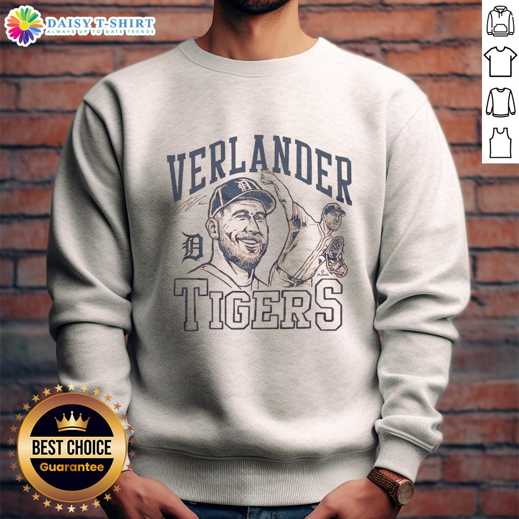 Awesome Tigers Justin Verlander signature portrait sweatshirt featuring vibrant design and team colors.