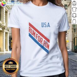 Awesome USA Run For Fun Ladies Tee featuring vibrant colors and playful design, perfect for casual wear and running events.