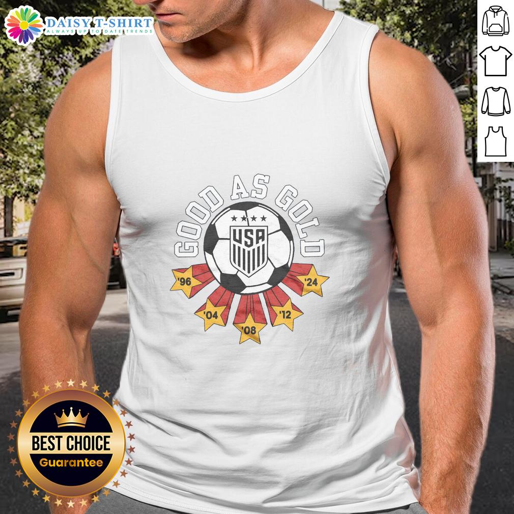 Awesome USWNT Good as Gold tank top featuring a bold design, perfect for soccer fans and stylish casual wear.