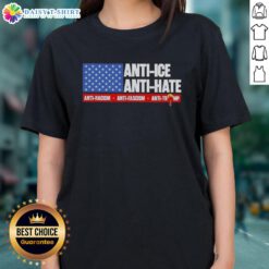 Good Anti-Ice Anti-Hate Anti-Racism Anti-Fascism Anti-Trump US Flag Ladies Tee promoting social justice and equality.