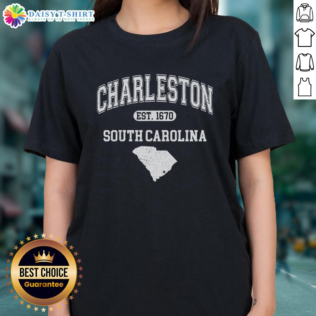 Good Charleston South Carolina Est. 1670 Varsity Ladies Tee showcasing stylish design and soft fabric in vibrant colors.