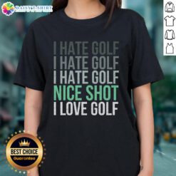 Female golfer enjoying a great shot on the ladies' tee, showcasing her love for golf despite frustrations with the game.