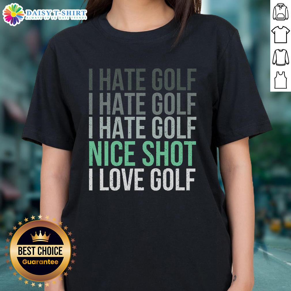 Female golfer enjoying a great shot on the ladies' tee, showcasing her love for golf despite frustrations with the game.