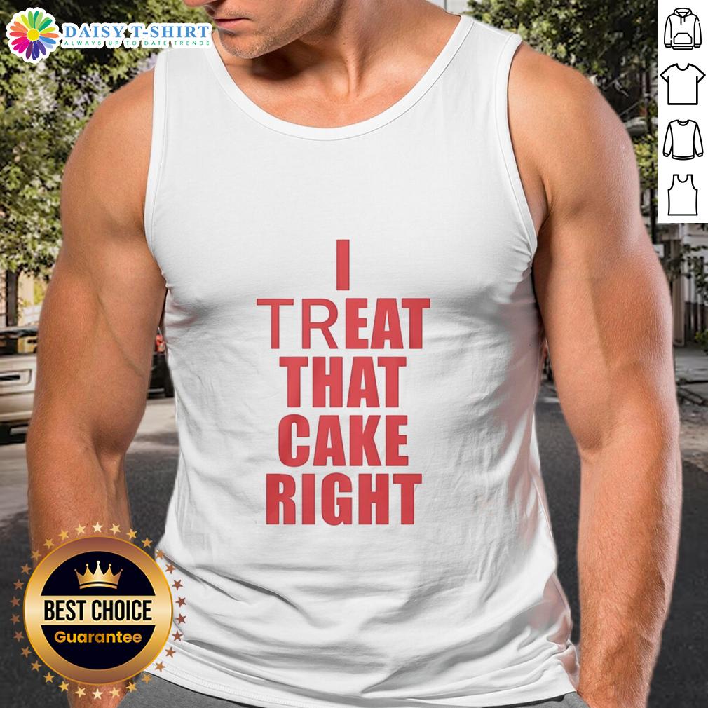 Woman wearing a red tank top with 'Good I Treat That Cake Right' text, showcasing a fun and playful style.