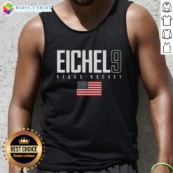 Jack Eichel wearing a USA flag tank top for Vegas Golden Knights, showcasing elite style and team spirit.