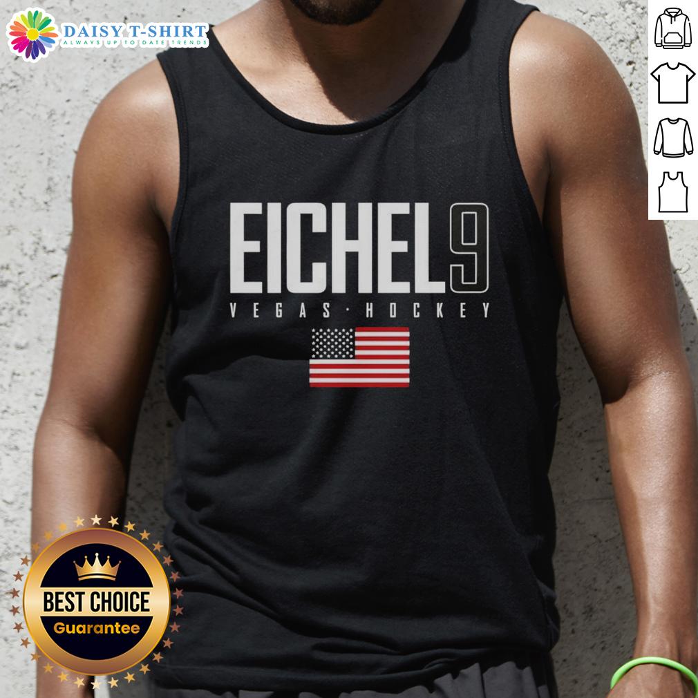 Jack Eichel wearing a USA flag tank top for Vegas Golden Knights, showcasing elite style and team spirit.