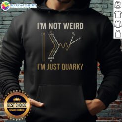 Person wearing a 'I'm Not Weird, I'm Just Quarky' hoodie featuring playful quantum humor design and vibrant colors.