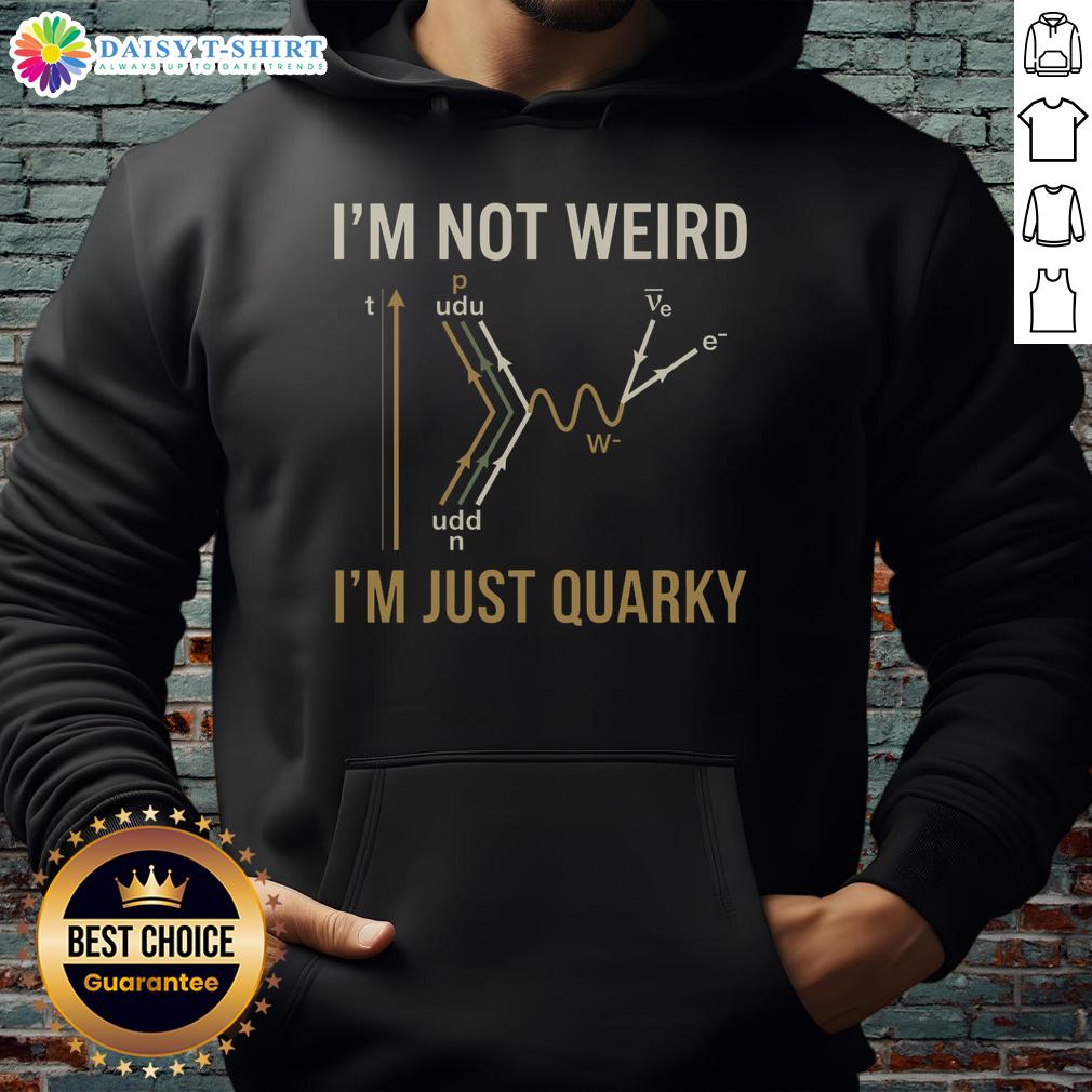 Person wearing a 'I'm Not Weird, I'm Just Quarky' hoodie featuring playful quantum humor design and vibrant colors.