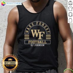 Alt Text: DJ Johnson wearing a Wake Forest Demon Deacons football tank top at an NCAA game, showcasing team spirit.