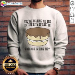 Boston-themed sweatshirt featuring a humorous 'creamed' pie design, perfect for fans of the city and fun fashion.