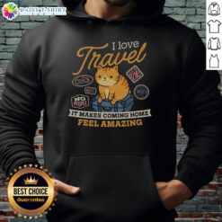Cozy 'I Love Travel' hoodie featuring a vibrant design, perfect for travel lovers feeling at home.