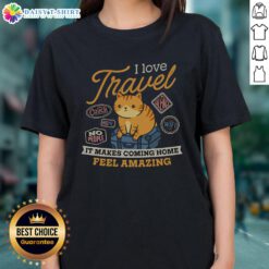 Alt Text: Hot I Love Travel Ladies Tee showcasing fun design that celebrates travel and the joy of coming home.