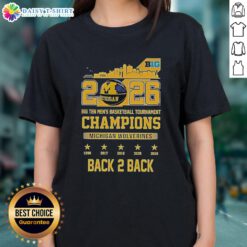 Nice Michigan Wolverines 2026 Big Ten Men's Basketball Tournament Champions Back-to-Back Skyline Ladies Tee design.