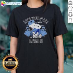 Alt Text: Snoopy holding the Memphis Grizzlies logo on a ladies tee, promoting the slogan Life is Better with Memphis Grizzlies.