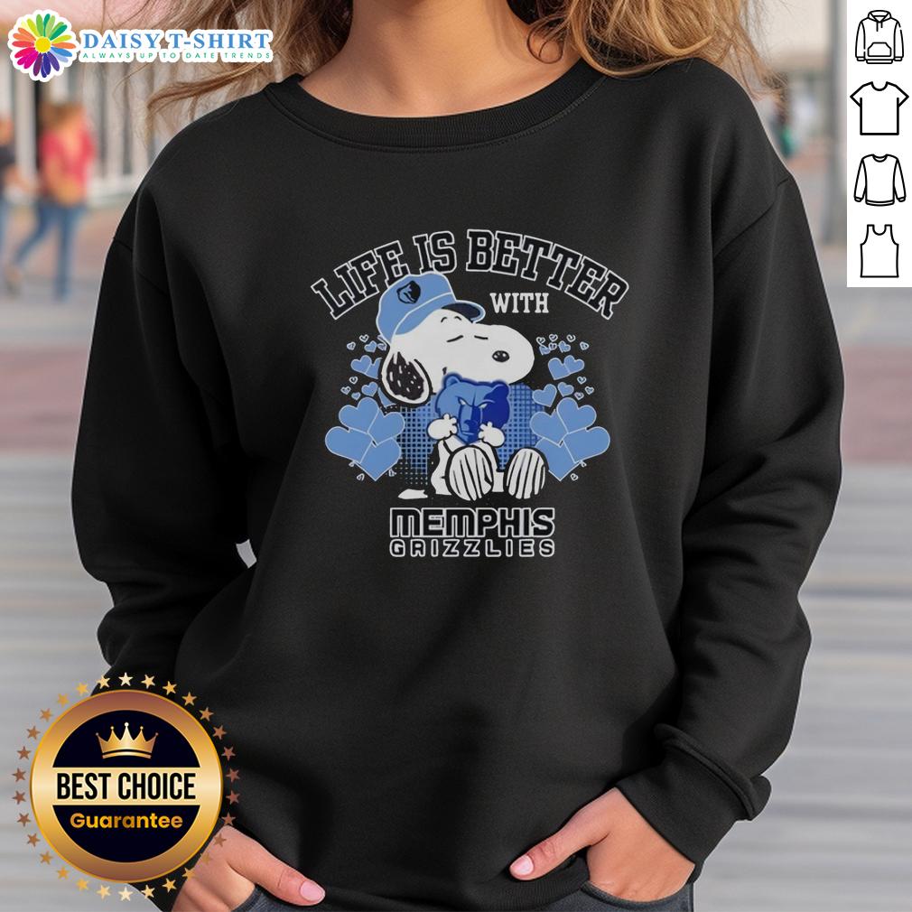 Snoopy wearing a Memphis Grizzlies sweatshirt with 'Life is Better with Memphis Grizzlies' slogan.