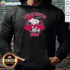 Snoopy wearing a Miami Heat hoodie that says Life Is Better With Heat, showcasing a fun sports-themed design.