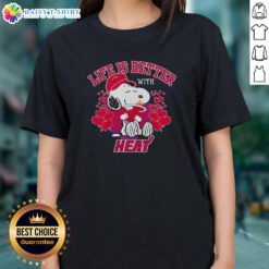 Alt Text: Cute Snoopy holding Miami Heat logo on 'Life Is Better With Heat' ladies tee, perfect for passionate Heat fans.
