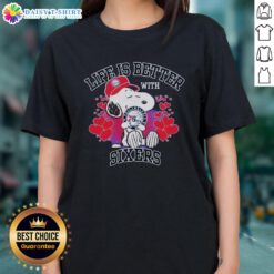 Alt Text: Snoopy holding Philadelphia 76ers logo on a 'Life Is Better With Sixers' ladies tee shirt design.