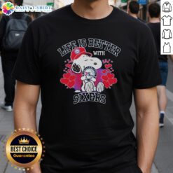 Alt Text: Snoopy wearing a Philadelphia 76ers logo t-shirt with Life Is Better With Sixers text, celebrating Sixers fandom.