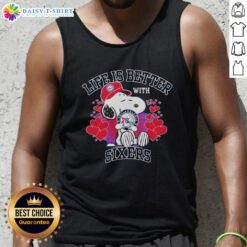 Snoopy wearing a Philadelphia 76ers logo tank top, showcasing 'Life Is Better With Sixers' design.