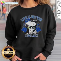 Snoopy wearing a Utah Jazz sweatshirt, showcasing the Warriors logo with the phrase 'Life is Better with Utah Jazz'.